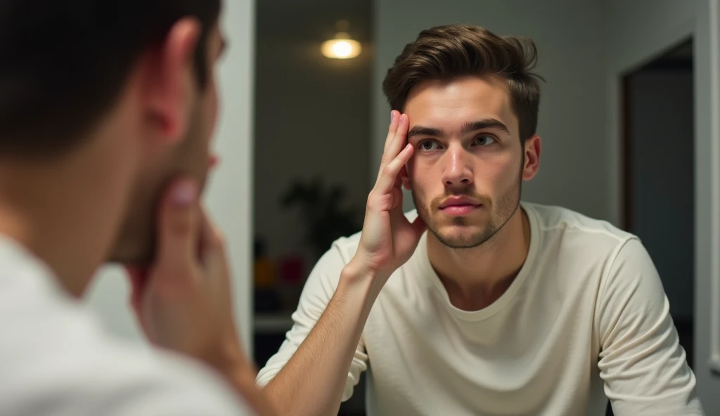 The young man raises his hand to rub his face while looking into the mirror. His reflection is delayed by half a second, creating an unnatural movement. The room in the background is faintly blurred, and the mirror's glass has a faint, unnatural sheen."