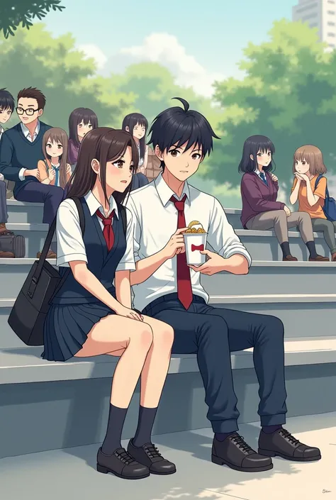 Can you make me a picture or drawing of two people (a woman and a man) sitting on the bleachers in the plaza while many students are sitting also, they were both wearing uniforms and carrying bags and especially the boy was with her guy friend, also eats s...