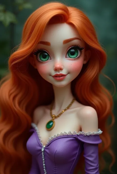  of  with a milky white complexion , intense emerald green eyes  , Copper hair ,  has small freckles in the area of the nose and cheekbones , La Ríos Carnosos ,  long wavy hair  , purple dress, matching shoes  , necklace with a jade stone