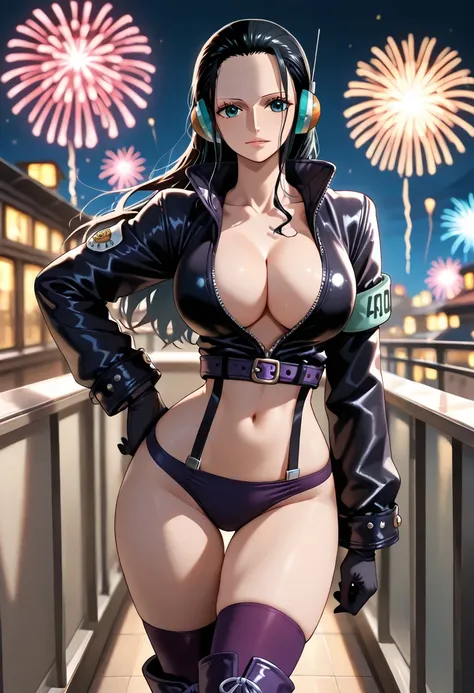 ((masterpiece,best quality)),(highres), night, 
(contrapposto,hand on hip)ONEPIECE_EggHead_NicoRobin_ownwaifu, 
1girl, nico robin, black hair, long hair, large breasts, blue eyes, collarbone, hair slicked back, eyelashes, straight hair, aqua eyes, headphon...