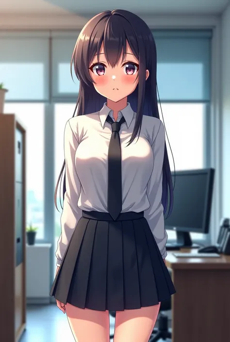 anime girl in skirt and tie standing in an office, an anime drawing inspired by Rei Kamoi, pixiv, serial art, anime moe artstyle, seductive anime girl, misato katsuragi, realistic schoolgirl, oppai, hyperrealistic schoolgirl, ig studios anime style, a hype...