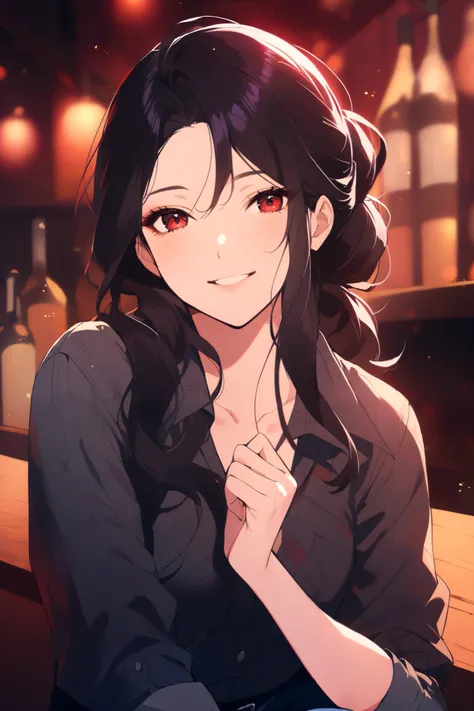 1 beautiful solo female, 30 years old, long black hair pinned up, crimson eyes, wears dark jeans, look away, she is a bartender, rustic bar background,  wears plaid button up shirt, Nonchalant gaze, calm smile