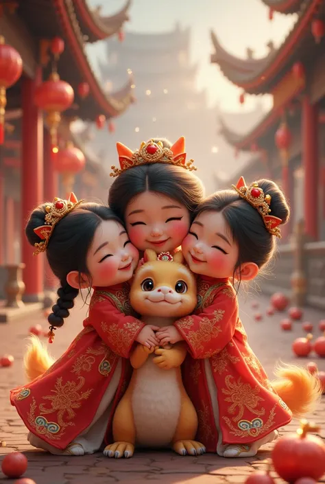 3 girls hugging cute little chinese dragon, ancient chinese little princess, chinese god dragon, cute, festive, chinese new year, firecrackers, fireworks