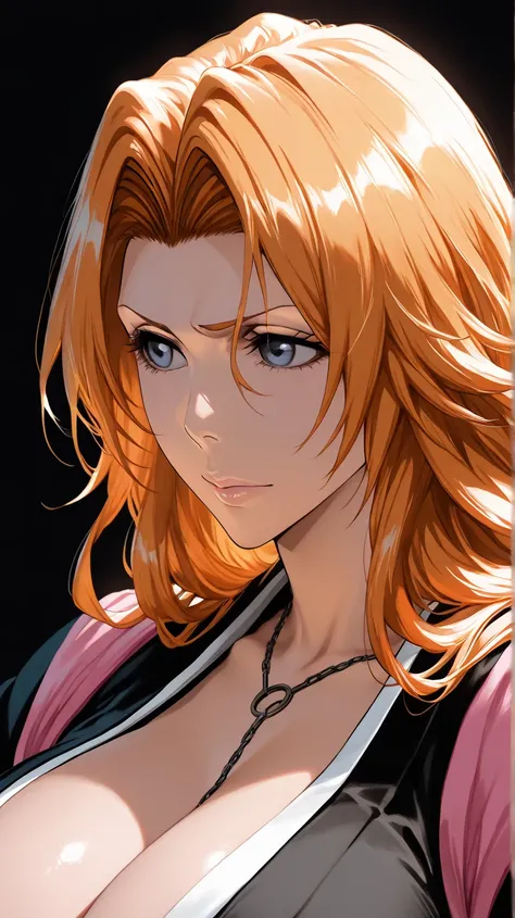 masterpiece,  top quality,  vibrant,  Very Aesthetic,  High Contrast , Semi-realistic, BLEACH、Matsumoto Rangiku, 1 girl, solo,  big breasts,  simple background,  long hair, 