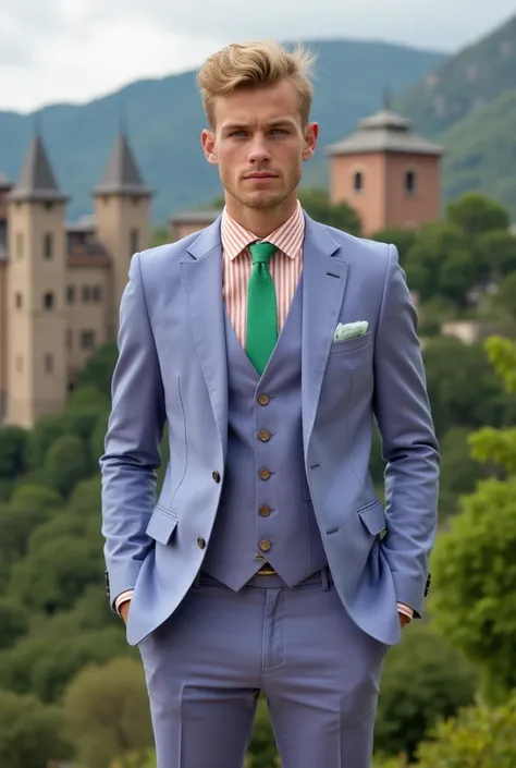 Short, handsome young blond male model wearing a pale blue-violet three-piece suit with a pale orange-striped white shirt and bright green tie. In the background is a hilly landscape with subtropical gardens and large castle-like houses.