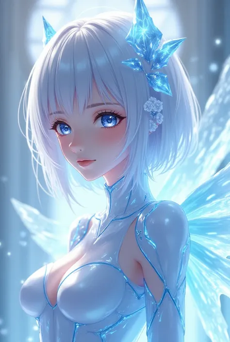  high resolution,  shortcuts,  top quality,  close-up, anime,  character design,  digital art,Transparent ice mecha angel girl,