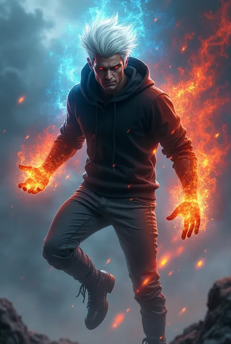 1 guy, white hair, red eyes, black hoodie, gray trousers, black boots, behind his back has red blue fire, look menacing, hands has a fire, fly in the sky