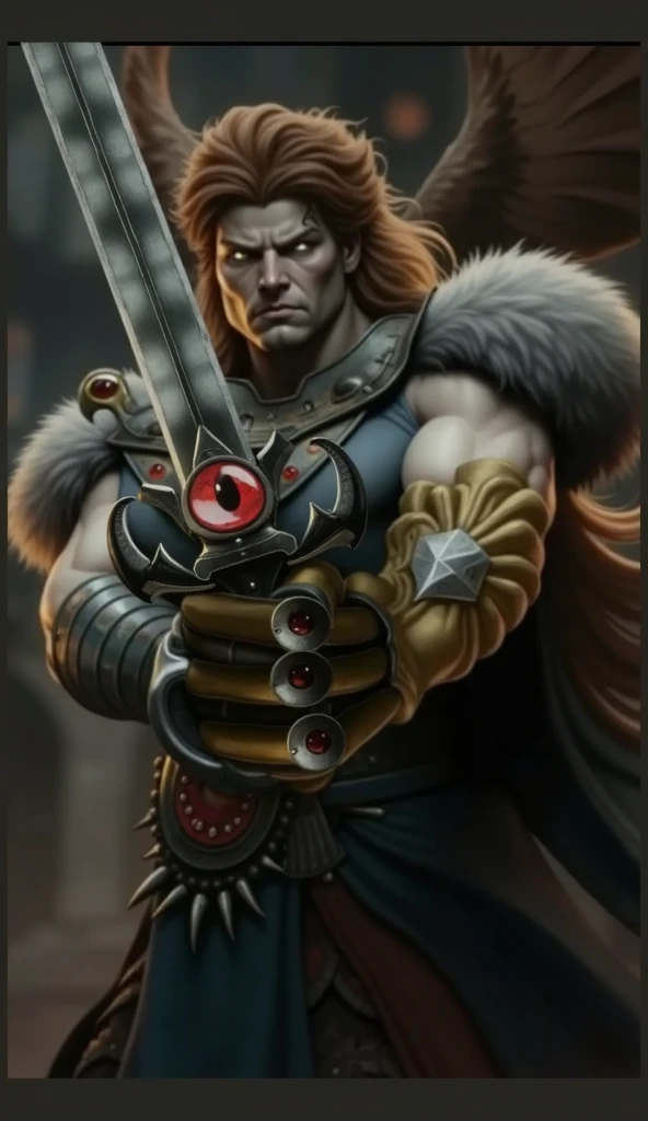 " A fierce and muscular warrior ,  with long reddish-brown hair flowing .  He wears detailed black armor with metallic ornaments and a fur cloak over his shoulders.  His eyes are intense and his face serious ,  conveying strength and determination .  He fi...