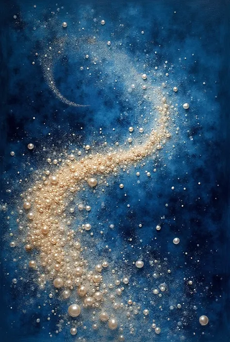 Peinture abstraite, Fond bleu nuit, filaments dorés graphiques and pearls, haute définition, mettre du relief, ajouter au centre a beautiful whirlwind of sand with pearls and diamants en parfaite harmonie avec l'ensemble de l'image