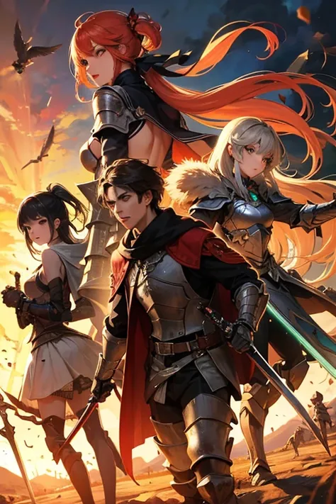 Armored boy holding a legendary sword with three other girls around him in battle