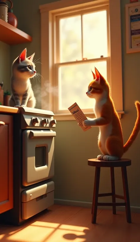 The cats are near an old-fashioned oven. Luna stands on her hind legs with the manual open on the counter, her tail swishing nervously. Mango balances on a stool, one paw pressing random buttons. Steam begins to waft from the oven as the sunlight turns sli...