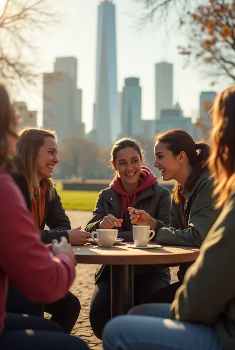 make a realistic image. a group of young people who are just exercising are enjoying a warm tea in the middle of a city park with a view of the city building. the atmosphere seems exciting and cheerful. focus on fun and warm tea