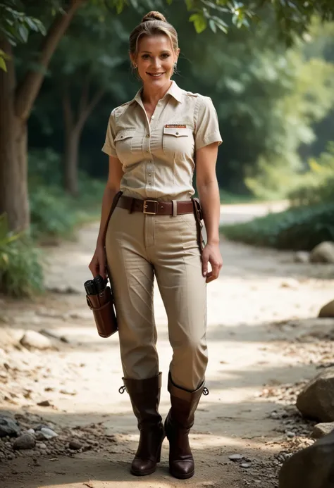 (1girl) (katee woman, hair tied back, natural medium breasts, mature woman), BREAK, short-sleeve sheriff's khaki shirt, sheriff's khaki pants, leather belt, holster, boots, BREAK full body, seductive smile, sexy pose, BREAK in a deserted wilderness, master...