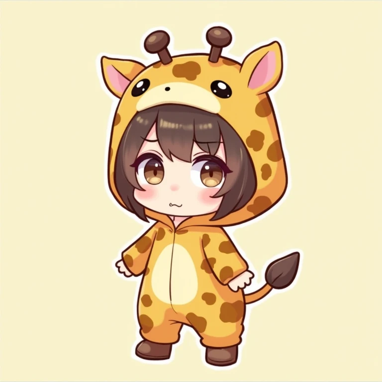 キリン🦒耳フード、 giraffe costume hoodie、Tail、Parker、 boots🥾、nyaruko-san,  chibi!!!   Neferpitot,  chibi,  Maple Story , 、 chibi,    senko-sa  , kawaii  chibi,  minimalist、 chibiキャラ、 mini characters、The background is colorful、 bob cut、 brown eyes、 beautiful odd-ey...