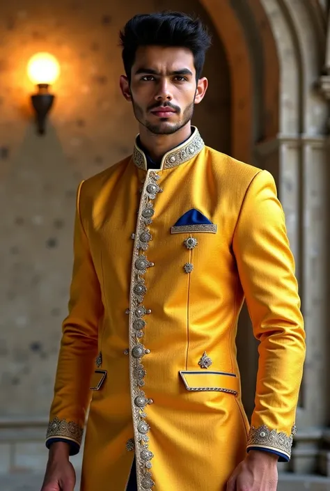 HANDSOME INDIA STUDENTTEEN YOUNG MAN. FULL BODY. YELLOW-GRAY STONE. YELLOW-GRAY COLORED BANDHGALA HERO COSTUME. REMOVE BEARD. LIGHT BULB BACKGROUND.