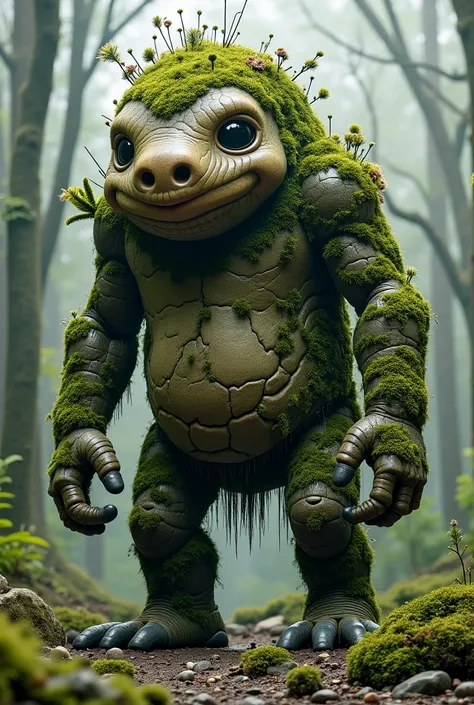 "A colossal, humanoid creature resembling a living hill, covered in moss, grass, and lichens that blend seamlessly into its earthy skin. Its massive, rounded body exudes an ancient calmness, with no sharp angles. Its face is broad, slightly flattened, with...