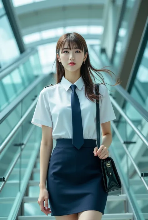 ((sexy beautiful Japanese woman, a self-defense officer uniform, wearing a white short-sleeve shirt, navy tie, navy pencil mini skirt, sexy black patent high heels, beautiful hip line) :1.5), Black handbag slung over her shoulder, A woman is descending the...