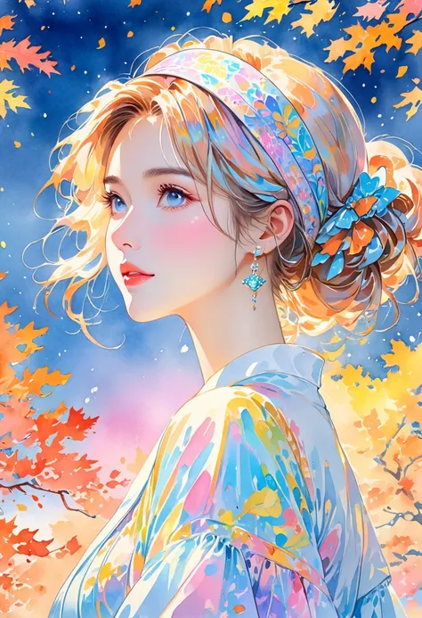 (8K, best quality, masterpiece:1.2),(best quality:1.0), (ultra high definition:1.0), watercolor, a beautiful woman, Shoulder, Headbands, by Agnes Cecil, bust, Extremely luminous and bright design, pastel colors, (ink:1.3), autumn lights,