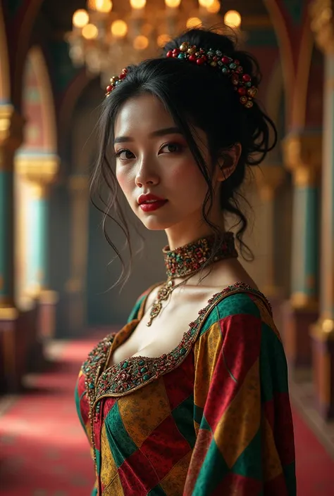 beautiful female jester, asian,  in medieval ballroom, ultra realistic, close up, harlequin makeup