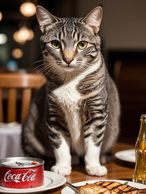 a close-up portrait of a grey cat at restaurant having a grilled flank steak and a glass of Coca-Cola, detailed fur, intricate whiskers, intense eyes, soft lighting, realistic, photorealistic, high quality, 8k, best quality, ultra-detailed, professional, v...