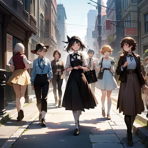 {Create 10 girls in a group walking around the history of Lesbian city}