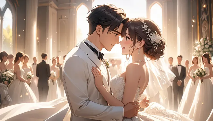 a beautiful young woman with long brown hair and brown eyes wearing a luxurious white wedding dress, looking joyful, a handsome young man with short black hair and black eyes wearing a white tuxedo, elegant wedding ceremony, high quality, masterpiece, deta...