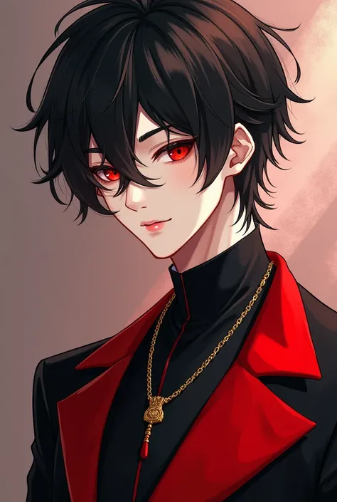  a close up of a person dressed in a black and red suit, a portrait of a character inspired by Zhang Han ,  trend in cg society, what is?,  Handsome boy in the art of Demon Slayer ,  handsome androgynous prince , Heise Jinyao,  delicate androgynous prince ...