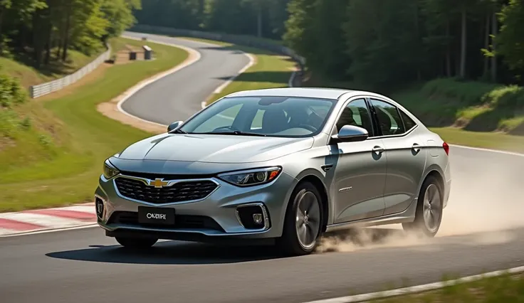 Chevrolet Onix plus silver car, In motion on the track