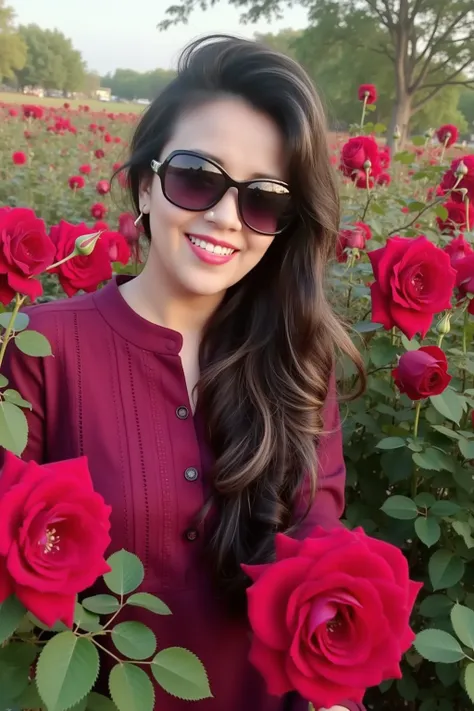 "  A charming and elegant girl confidently finds herself in the center of a vibrant rose garden  , surrounded by red roses in bloom .   Nails elegant black and black sunglasses Salwar Gameez with the dobata with subtle modern details,  exuding sophisticati...