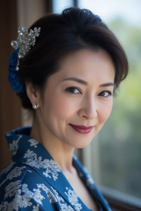  Close-up portrait with a chic impression , 52-year-old Japanese woman,  flashy makeup,  Cool bluish eye makeup ,  silver accent ,  deep burgundy lipstick , gorgeous Japanese hair , Blue and silver decorative hairpin , Fine laugh lines,  high resolution, m...