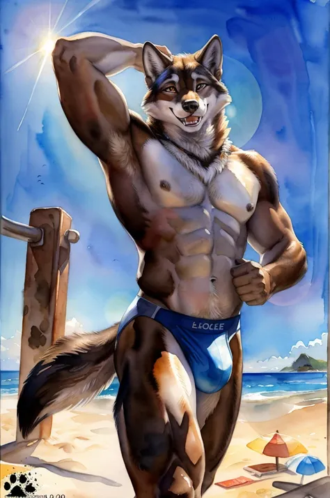 anthro wolf, speedos, sexy, furry body, (very muscular, heavyweight:1.2), male, masculine, 4k, high resolution, detailed, correct anatomy, cartoony proportions, (beach background, beautiful sky), (by blotch:1.1), (by chunie:0.3) detailed wolf eyes, masterp...