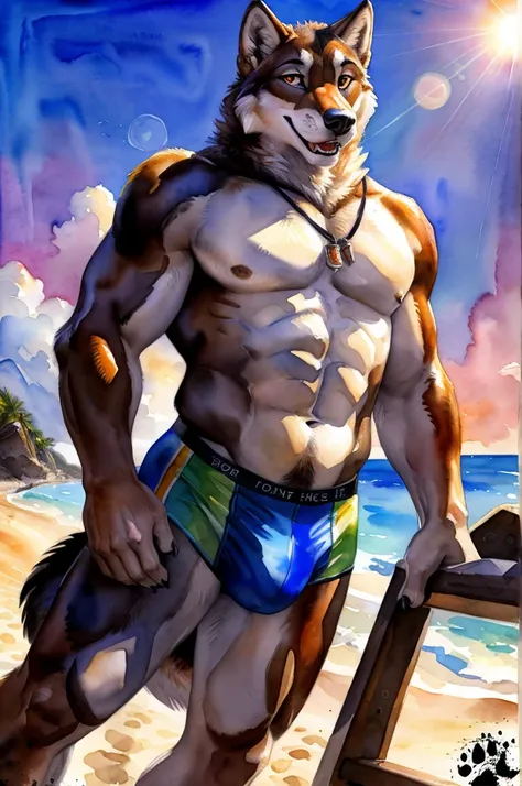 anthro wolf, speedos, sexy, furry body, (very muscular, heavyweight:1.2), male, masculine, 4k, high resolution, detailed, correct anatomy, cartoony proportions, (beach background, beautiful sky), (by blotch:1.1), (by chunie:0.3) detailed wolf eyes, masterp...