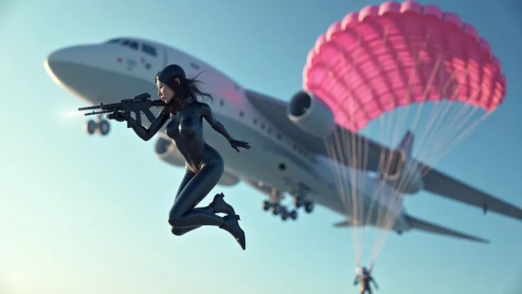 17-year-old russian assassin female  in black latex hypersuit jumping out of large airplane using pink parachute firing machine gun