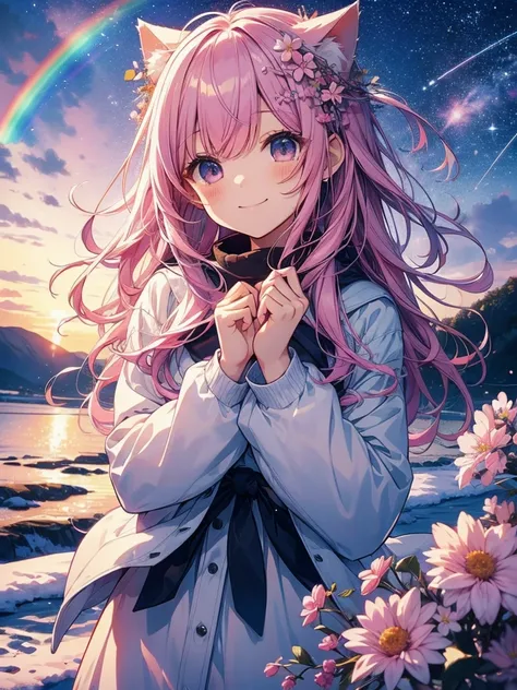  best quality、 pink hair with a scar、puppy、 starry sky 、cat、 Lots of flowers、snow、Rainbow、、Looking up at the stars、Wear warm clothes、 muffler 、cute little kemomimi girl、 smiles