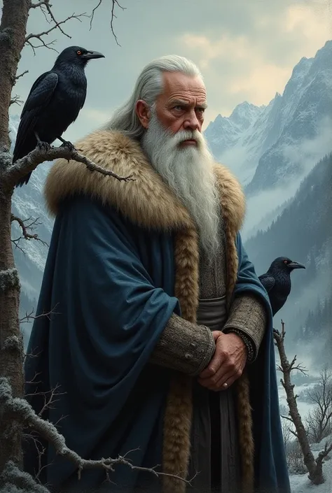 A realistic paintings of Odin**: An old, wise man with one eye, wearing a fur cloak, accompanied by ravens, in a Nordic landscape.
