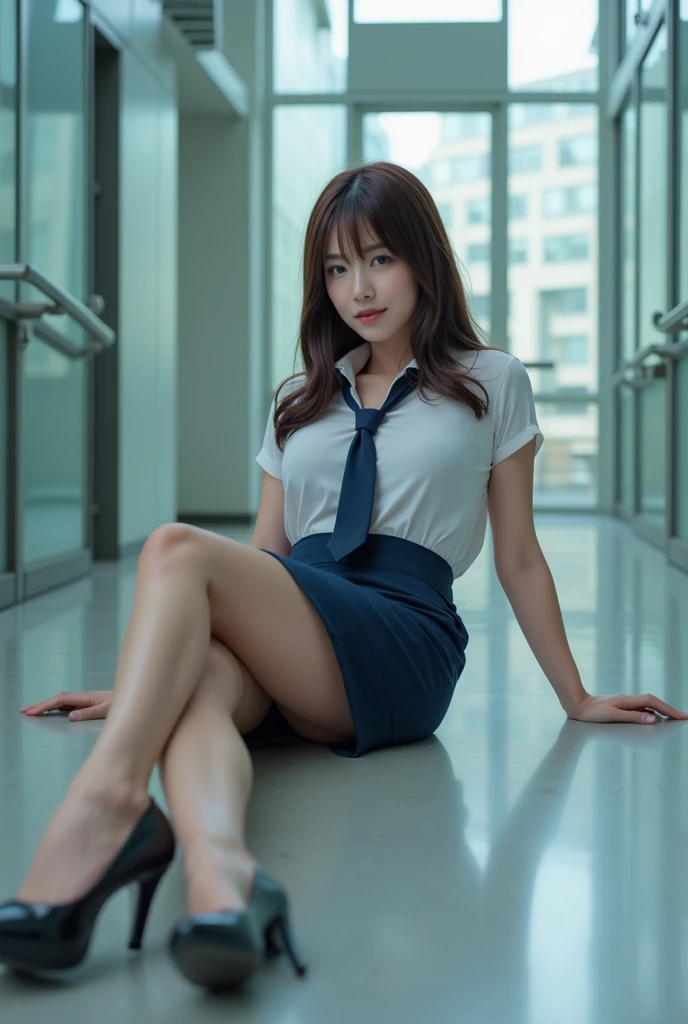 Sexy beautiful Japanese woman, a self defense officer uniform, wearing a white short-sleeved shirts, navy blue tie, navy blue pencil skirt, Black patent high heels, beautiful hip-line, Beautiful thighs, The woman is lying face down on the floor, unconsciou...