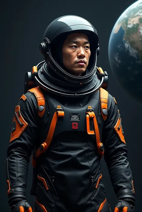 Asian MALE astronaut, with black clothes and orange details  