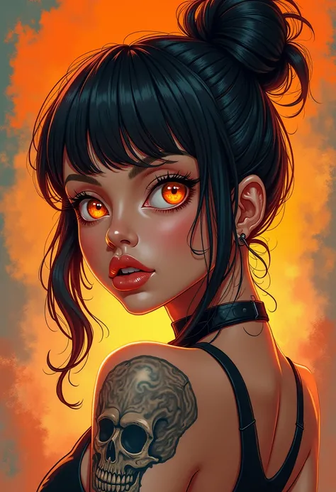 a woman with a skull tattoo on her arm, anime character art, artgram, super cute funky black girl, orange eyes, killstar, burnt umber, brigitte, sexy lips :5 stylish, tanned skintone, human lamb hybrid, face with artgram, golden skin, bun, comic cover, bur...