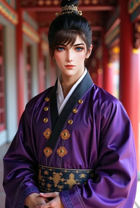 1 handsome Chinese guy. Hair curled back. hazel eyes . handsome face .  A Royal Prince.  Wears luxurious silk hanfu with a black-purple color blend. Prince's oversize outfit . Dashing body , tall, muscular.  broad shoulders .  charming smile . Background o...