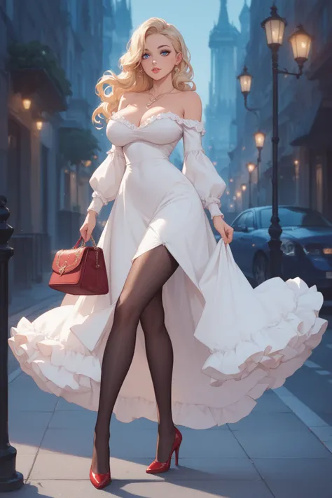  1 woman　Late Night　Night city sidewalk 　 blonde　 blond hair　 wavy long hair 　Blue Eyes　Inviting eyes　 enchanting eyes　Big Breasts　 glamorous　 necklace　long sleeve off shoulder party dress　long length dress　 red high heels　luxury branded bags　 black tights