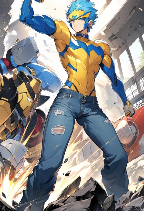 divine saiyan half android, man, blonde and blue hair, fighting jeans clothes, 8k high definition