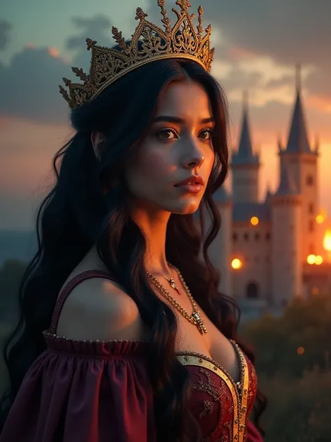 Castles and Kingdoms. dusk. Fire in a Kingdom.  A Princess,  savior of the kingdom ( black hair, amber eyes and white skin, Dressed in the medieval era, an impressive crown). magic. A mysterious boy watching her from afar. 