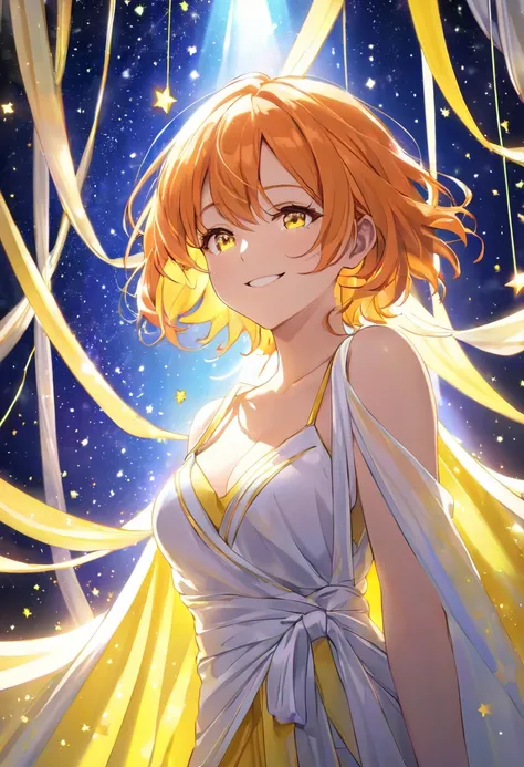  ADULT WOMAN,  short orange hair and neon yellow eyes 、Looking down and smiling 、Wearing Venus clothes and wrapped in a curtain of light、 scattered star background 