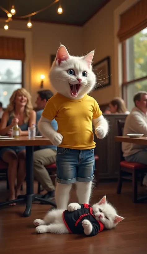 A dramatic scene in a cozy restaurant where a white muscular bodybuilder cat, wearing a yellow t-shirt and blue jean shorts, stands in shock beside a white kitten who has fallen from a table. The kitten, wearing a black t-shirt and red shorts, lies unconsc...