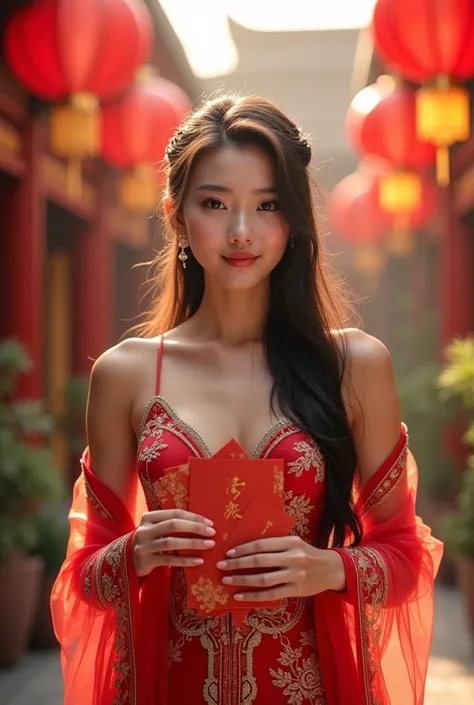  A beautiful young asian woman ,  Busty wearing China's traditional smile staring at camera with Bnyk Angpao in her hands. Back ground outdoor dg bnyk lampion, China's New Year accessories and two big barongs . Hyper smooth, realistic, details, glossy,  ul...