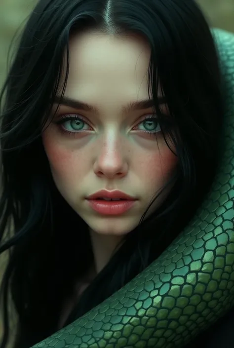 (A (severus snape's daughter:(european girl,black hair, green eyes), style snake-guy gorgeous expressive beautiful  eyes, sexy