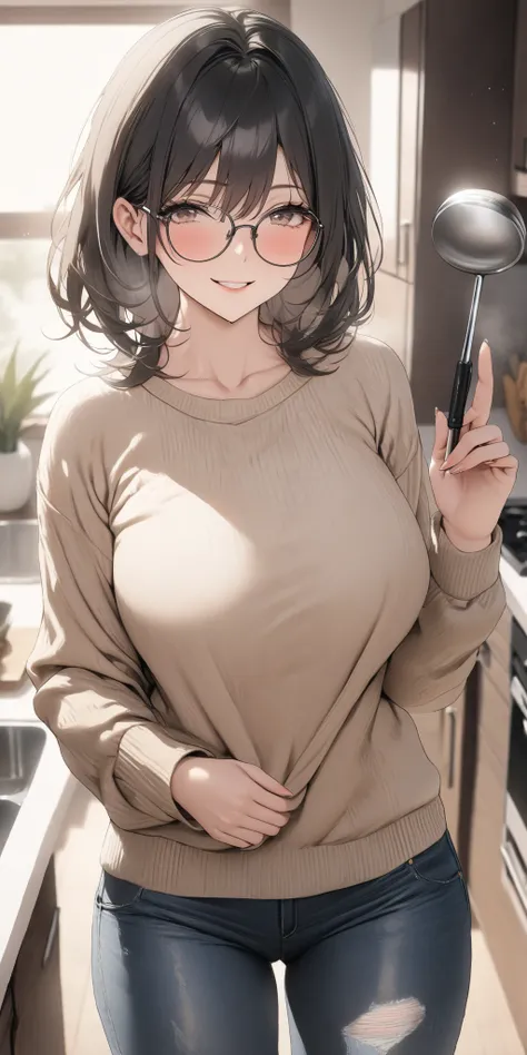 top quality, masterpiece,  high resolution, 8k, 1 girl, Alone, (((cowboy shot))), milf, Busty MILF, gentle black droopy eyes,  dark-haired shorthair on a suburban road, Cute Glasses, beige summer sweater with jeans, Holding a ladle in the right hand, Marri...