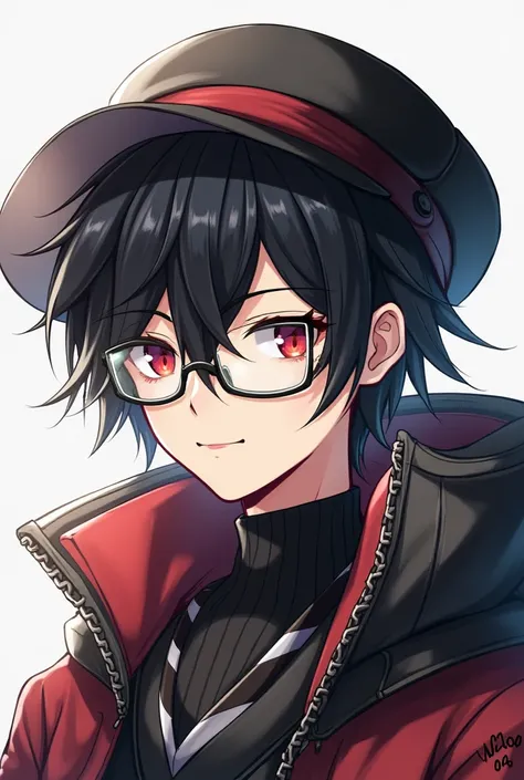 Dave:He has black and white hair wearing a hat and clear glasses red eyes wearing Canadian anime style clothing