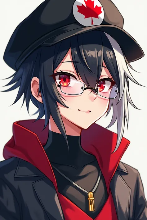 Dave:He has black and white hair wearing a hat and clear glasses red eyes wearing Canadian anime style clothing