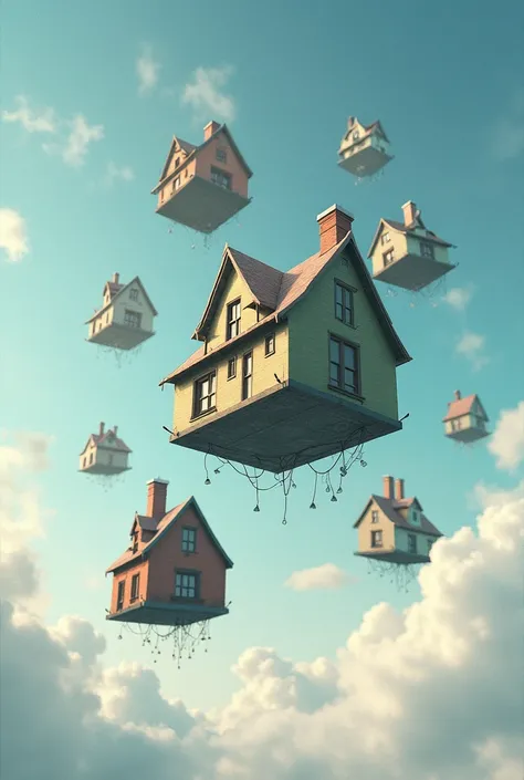 Several houses that float in the air  